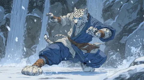 Anthromorphic deadly snow leopard martial artist,japanese anime style, no weapons, runed gloves
