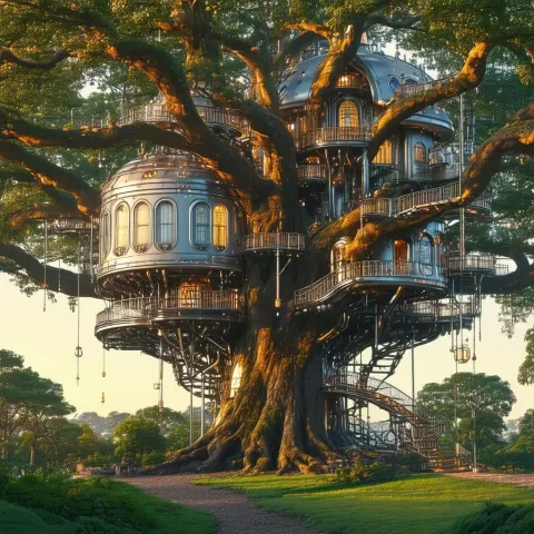 Futuristic Metal Treehouse in an Ancient Oak