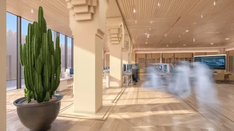 Cinematic dolly-out shot, dramatic time-lapse inside Darat King Abdulaziz's modern research hall. Th