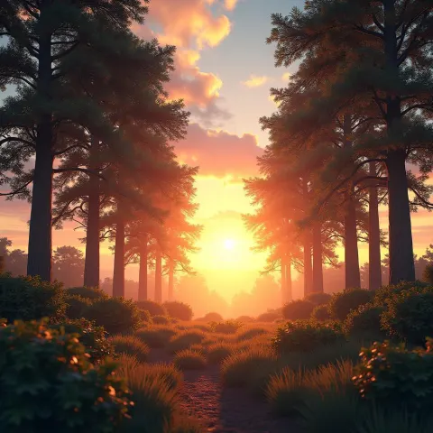 Ethereal 3D Forest Silhouetted at Sunset