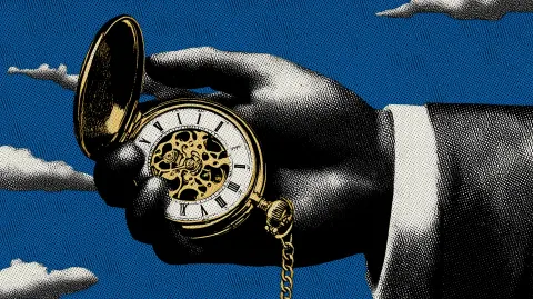 Close-up of open pocket watch in hand, intricate mechanism visible, bright golden light