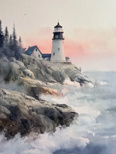 Extraordinary abstract painting with Watercolor and gouche painting of a coastal lighthouse standing