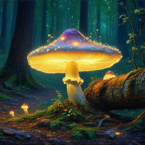 Luminous Enchanted Mushroom on an Ancient Log
