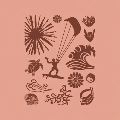 White colored minimal chill bohemian illustration little kitesurfing , wave, sun , lotus, shaka