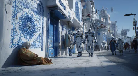 A cinematic shot of a futuristic cyberpunk city street. an old man is sleeping on the ground
