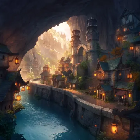 A fantasy village on the banks of an underground river
