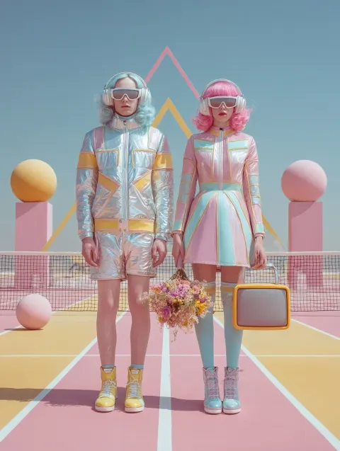 A surrealist, highly stylized fashion photograph of a perfectly symmetrical and central composition