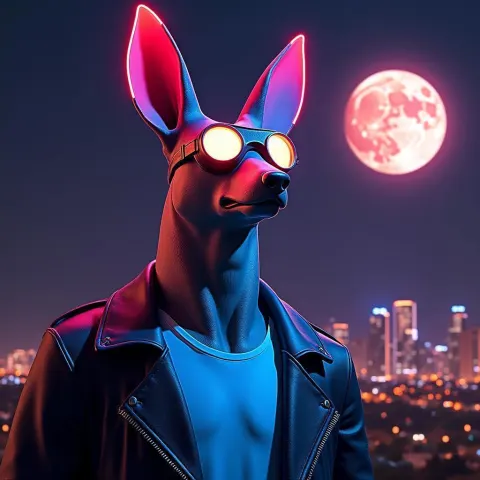 Anubis in a Leather Jacket Over Neon LA