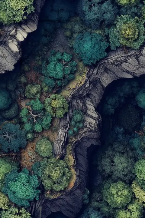 A top down view of rocky cliff in a dark ancient wood, inkarnate style, highly detailed