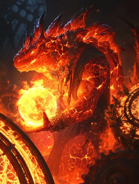 A refined fire elemental reptilian creature with molten cracked skin radiating intense heat