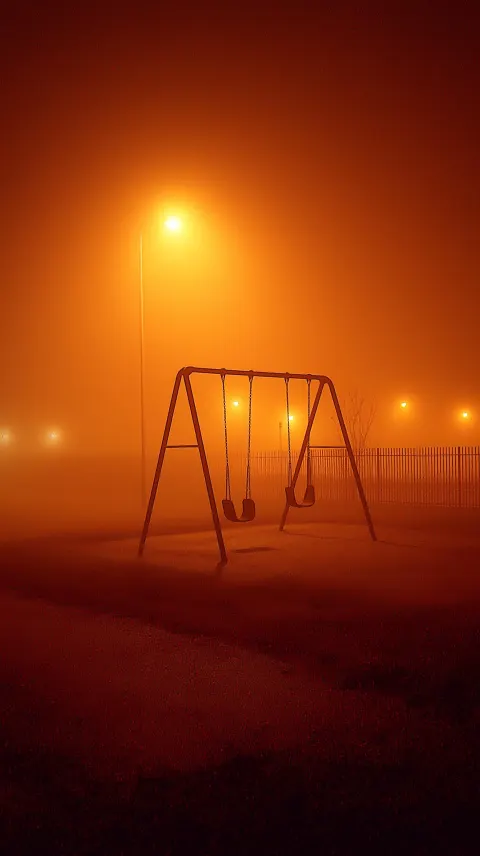Photo-realistic liminal horror, old empty playground surrounded by fog, swings slightly tilted