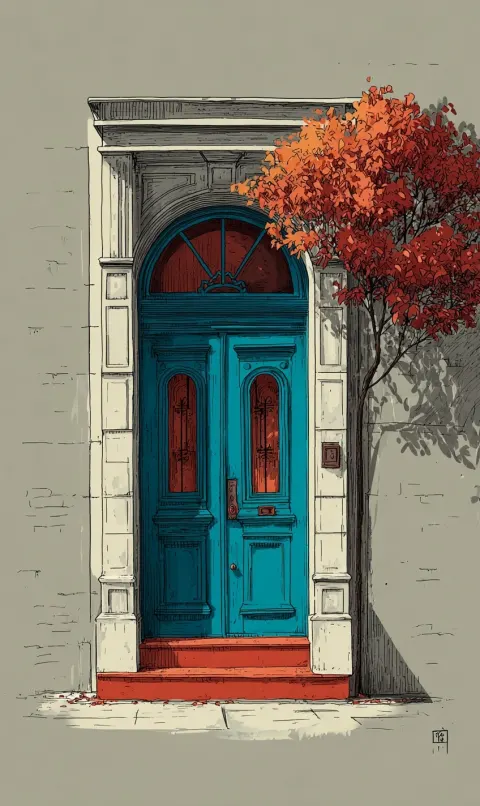 IPhone-shaped entrance door. Colored drawing.