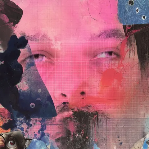 Child's crayon collage of close up of a holographic portrait neon pinks