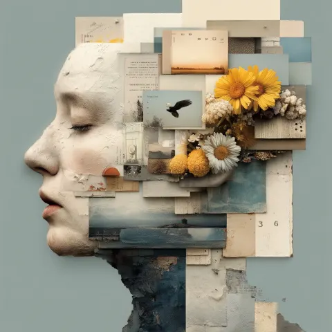 Mixed media collage of a head filled with floating objects, photos, symbols, notes, soft textures