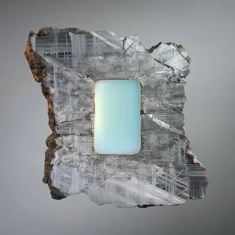 Museum macro photography, a masterpiece artifact: outer frame cut and polished from iron meteorite