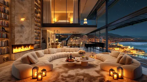 Ultra realistic luxury duplex penthouse at night, ultra wide-angle cinematic view