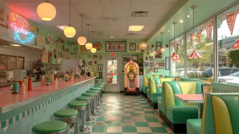 Theatrical stage backdrop interior 1980s american small town burger diner called Burger Blast