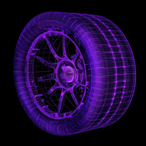 3d CAD rendering of a professional racing stock car wheel assembly used in NASCAR races in purple co