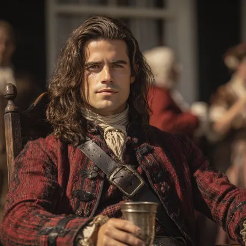 A highly realistic, photographic image of a handsome young Scotsman with shoulder-length dark hair