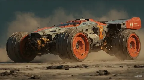 A wide-angle cinematic moster-car hero shot of a gigantic futuristic hyper-monster car with breathta