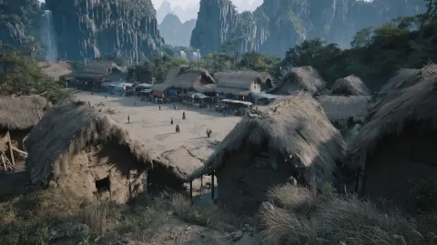 Humble Ancient Chinese Village with Distant Immortal Peaks