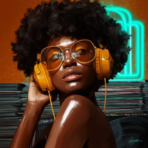 Afrocentric digital painting of a stylish Black woman with a voluminous afro