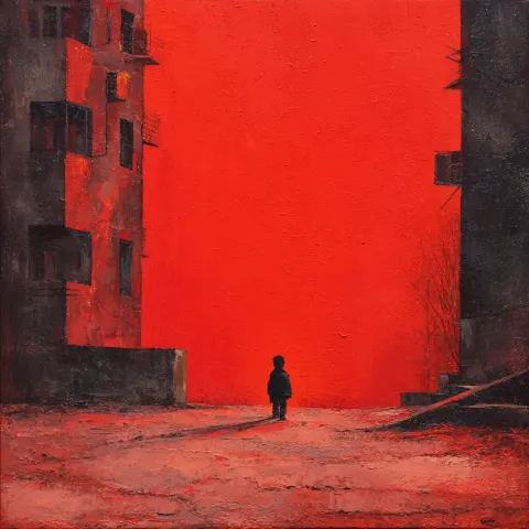 An oil painting of a forgotten child in the street, brutalist style, lonely, red background
