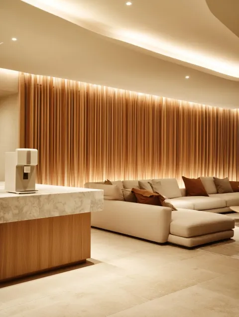 An open-plan living space bathed in soft, layered lighting that creates an inviting and luxurious at