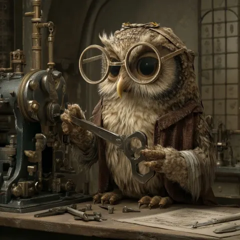 An owl tinkering on a machine with a wrench making adjustments