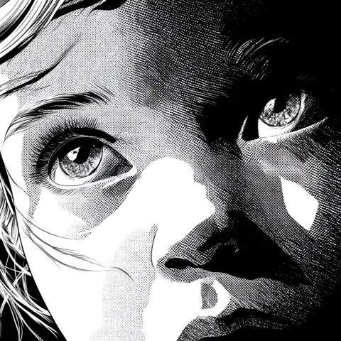 Black and white comic book style drawing, playing with light and shadow. Dynamic close-up of a littl