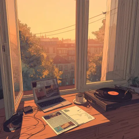 A cozy chillhop morning scene inside a small city apartment. Soft sunlight coming through a large wi