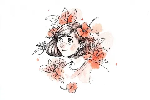 Femcel Weeaboo Impatiens, ink and watercolour wash blending together, white background