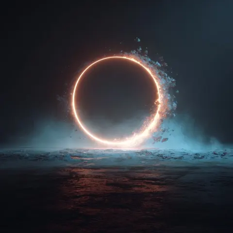 A circular portal, glowing portal with flakey edges, dissolving effect around the edge, realistic