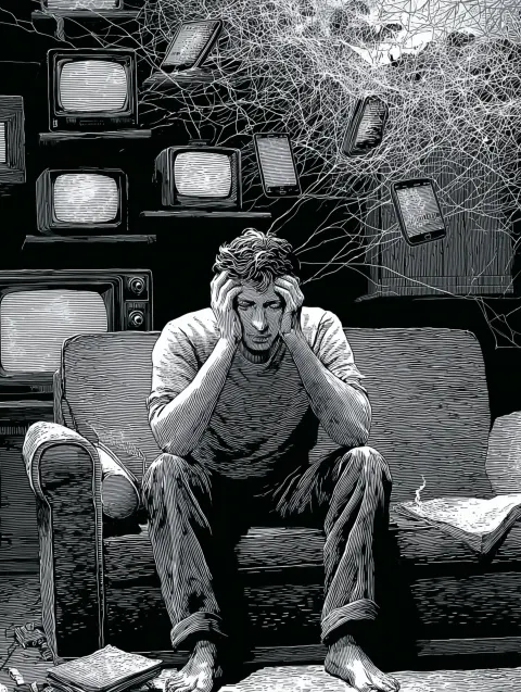 A young man sitting on a couch in left place of a room