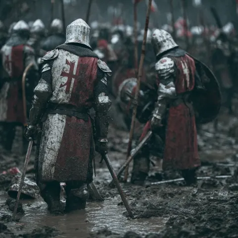 Knights fight on a muddy battlefield. evidence of a mighty battle lies all around.