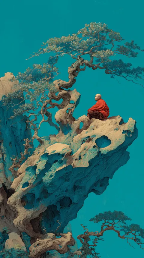 Floating Taihu Rock with a Tiny Monk, Moebius Style