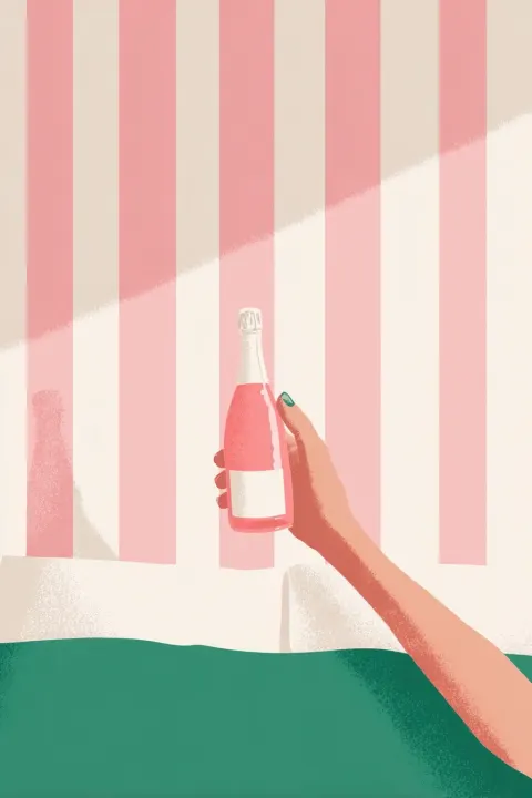 Minimalist illustration of a woman's hand reaching for a pink champagne bottle on a bed