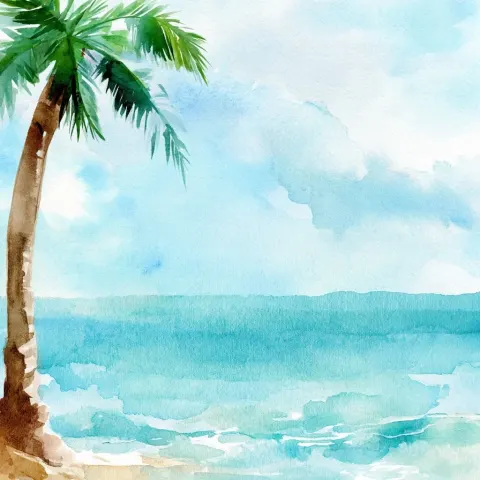 Sea watercolor illustration beach tropical, pastel blue summer color
