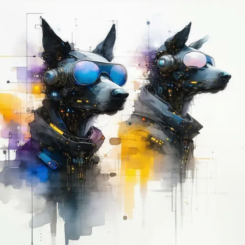 Sci Fi Humanoid Dogs in Ink Wash