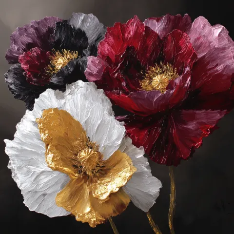 Three poppies painted in acrylics in burgundy, black, white, gold, and silver