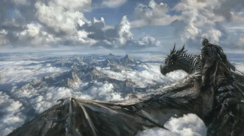 A dragon rider surveys vast cloud-covered mountains from above