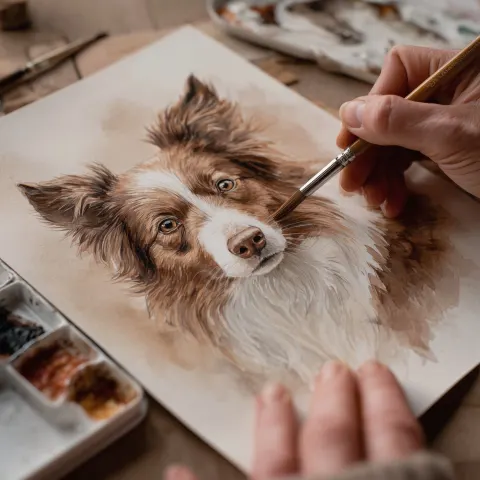 A photo of an artist’s hand painting a watercolor dog portrait, realistic, warm aesthetic style