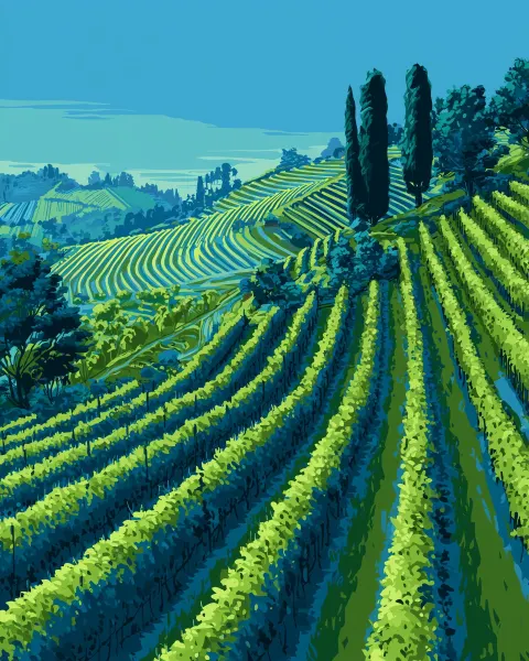 Abstract vector art of vineyard hill in blue and green colors