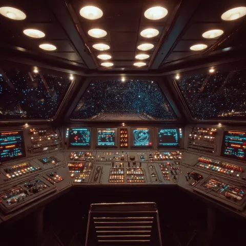 Control panel inside of a flying saucer, 80´s style, looking at outer space