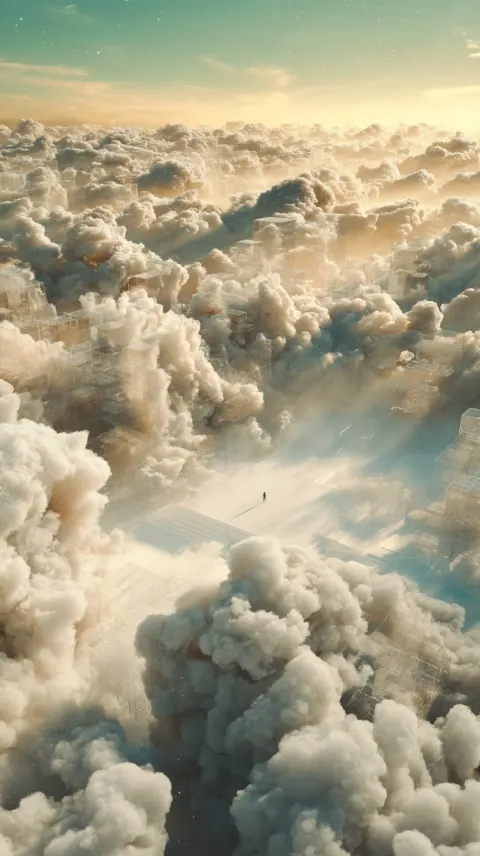 Vast hyperrealistic transparent structures emerging from white cloud formations in infinite virtual