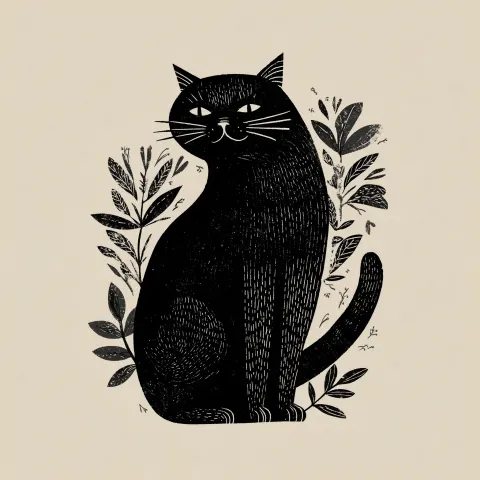 Cute cat portrait sitting proudly with botanical elements, elegant whiskers and tail