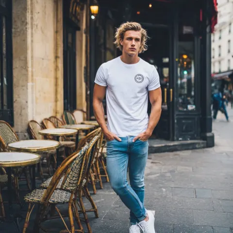 Handsome, brutal, young man, with blonde wavy hair, with a short, fashionable haircut