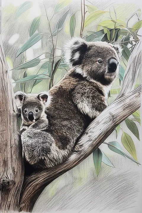 Koala and her joey, on a tree, surrounded by eucalyptus leaves