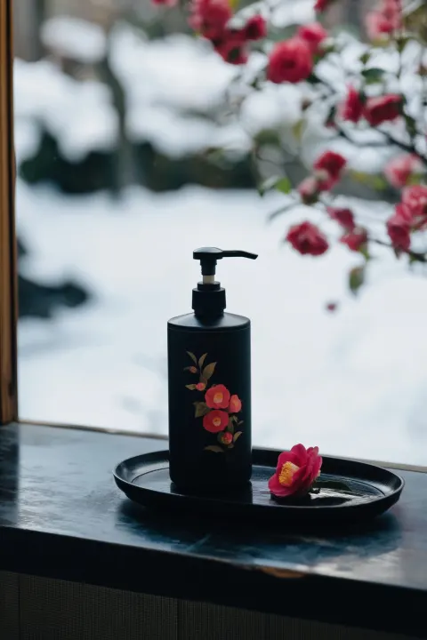 Camellia Shampoo Bottle by a Snowy Window
