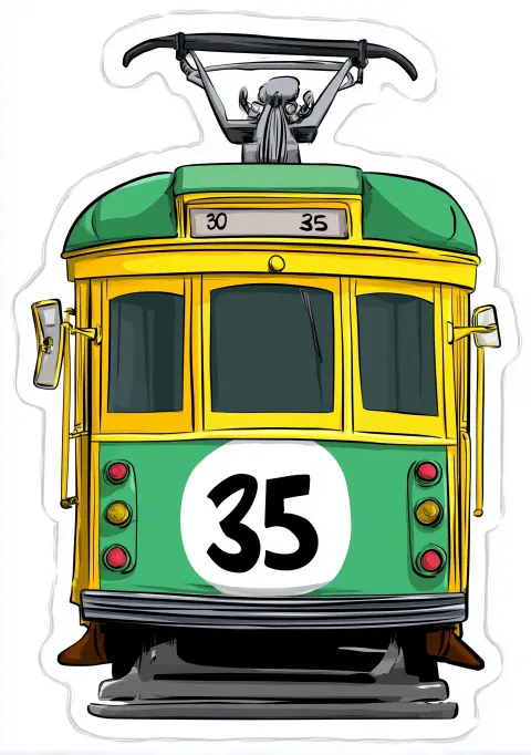 A cartoon illustration of an old-style green and yellow tram with the number "35" on its roof